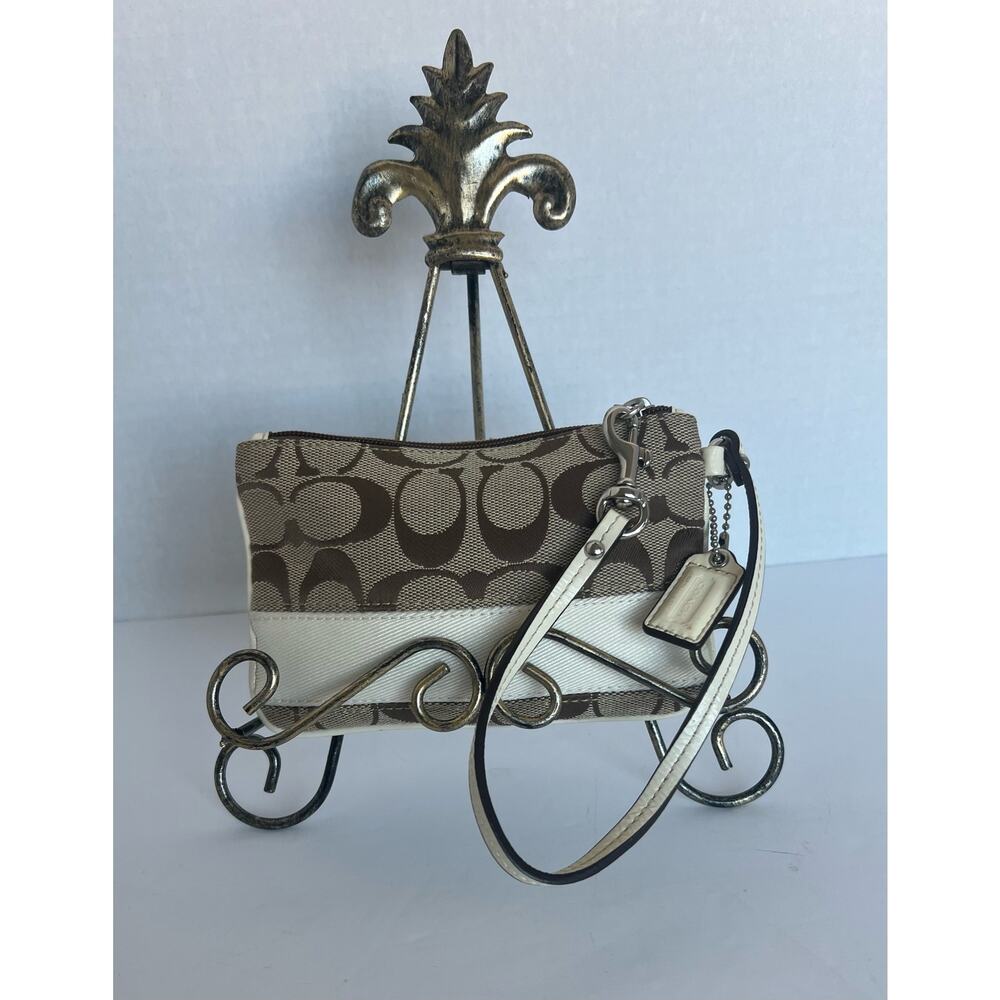 Coach‎ Brown Signature/Ivory Cream Stripe Wristlet Wallet